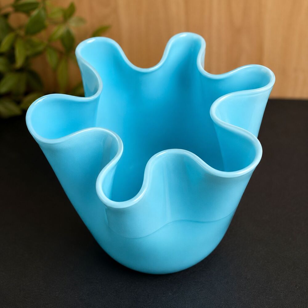 Vintage Aqua Blue Ruffled Art Glass Vase Freeform Hand Blown 5” MCM Style